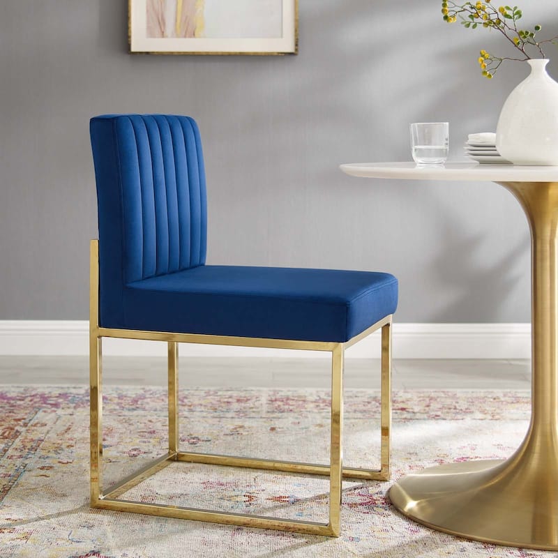 Silver Orchid Haussermann Channel Tufted Sled Base Velvet Dining Chair - Gold Navy