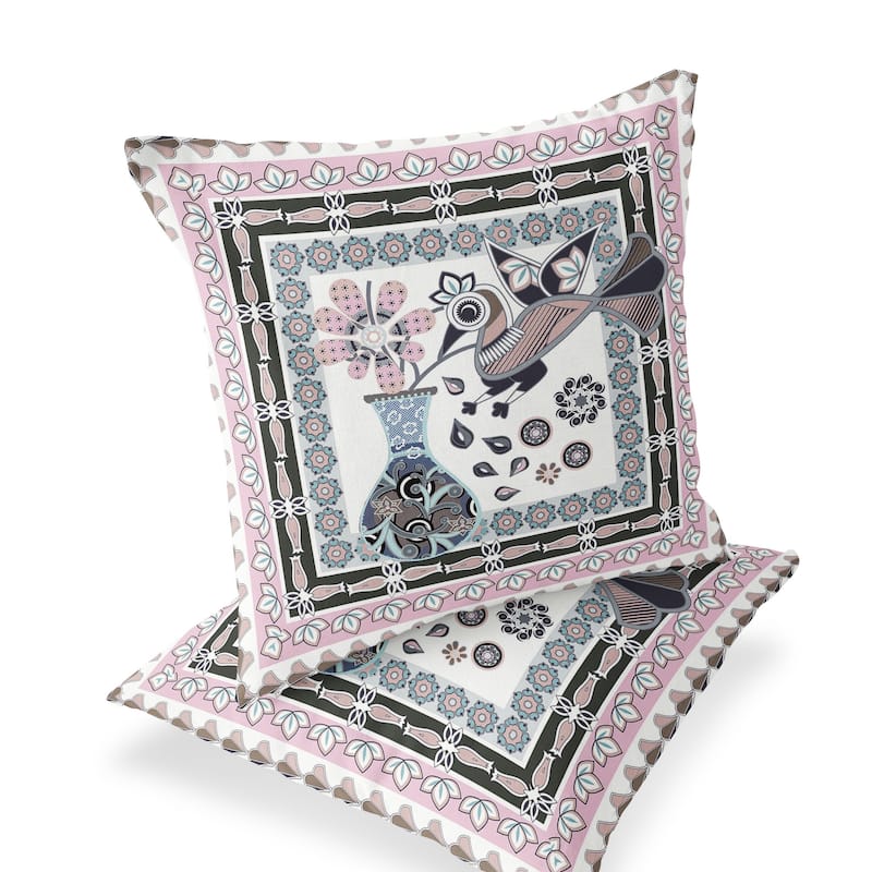 HomeRoots Set of Two 16" X 16" Pink and Black Peacock Blown Seam Floral Indoor Outdoor Throw Pillow - 16.00' X '16.00' X '5.00