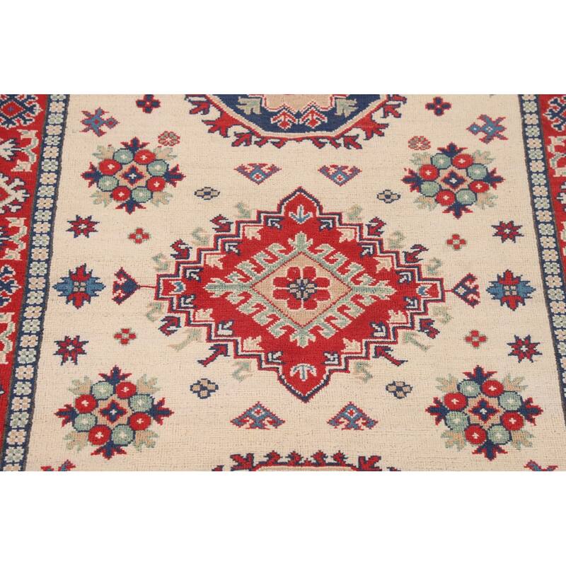 Geometric Ivory Kazak Accent Rug Hand-Knotted Wool Carpet - 3'11" x 5'11"