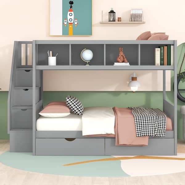 slide 2 of 14, Versatility Twin over Full Bunk Bed Wooden Storage Bed with Storage Staircase and 2 Drawers, Shelfs Gray