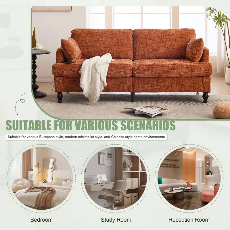 Modern Style Chenille 2-Seater Wood-Legged Sofa With Led Light, Usb Charging Port And Storage Bag Living Room Bedroom Study Room