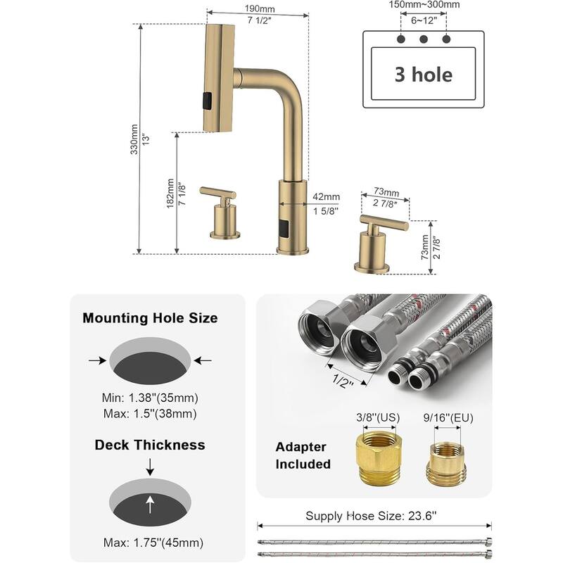 Lefton Waterfall Pull-Out Bathroom Faucet 3 Hole with Temperature Display in Fahrenheit (Battery-Free), BFWS2401