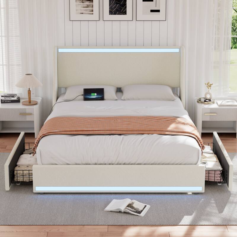 Javlergo Bed Frame with LED Lights and Charging Station Linen Fabric Bed with Drawers Wooden Slats - Beige - Full