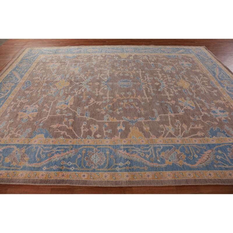 Hand Knotted Oriental 100% Wool Carpet Transitional All-Over Brown Oushak Area Rug - 12' 4'' X 9' 5''