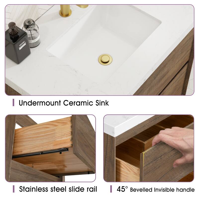 Sylphar 48 inch Bathroom Vanity with Sink, Floating Oak Cabinet with Stone Top