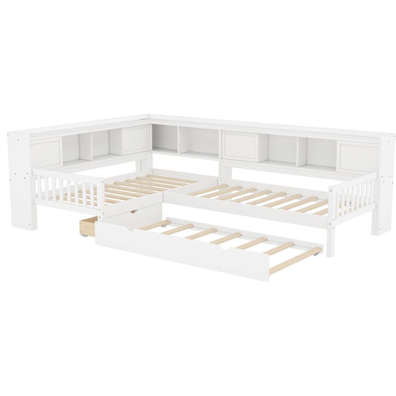 L Shaped Twin Platform Bed with Pull Out Trundle and Drawer, Solid Wood Twin Size Bed Frame with L Shaped Storage Bookcases