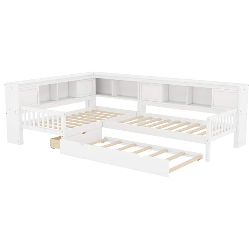 Roomfitters L-Shaped Twin Platform Bed with Trundle, Corner Bed Frame with Storage Drawers and Shelves