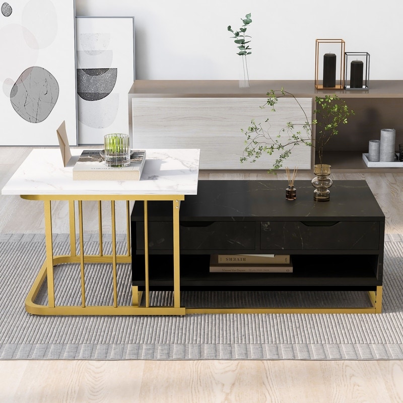 Modern Marble Nesting Golden Coffee Table Set of 2 Metal Frame