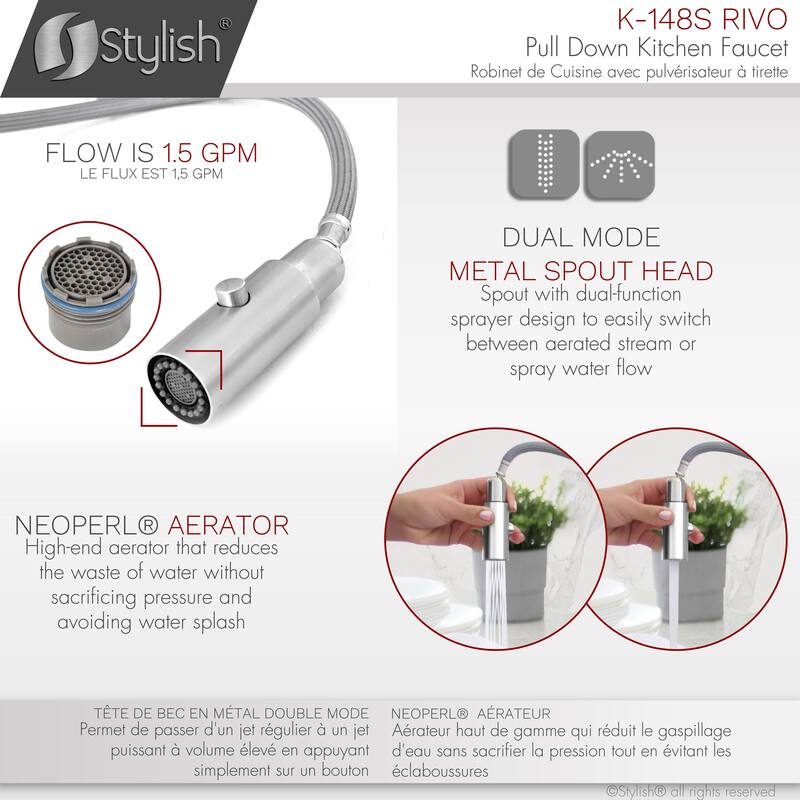 STYLISH Kitchen Sink Faucet Single Handle Pull Down Dual Mode in Stainless Steel - Faucet Height: 14 3/8" | Spout Height: 7 7/8"