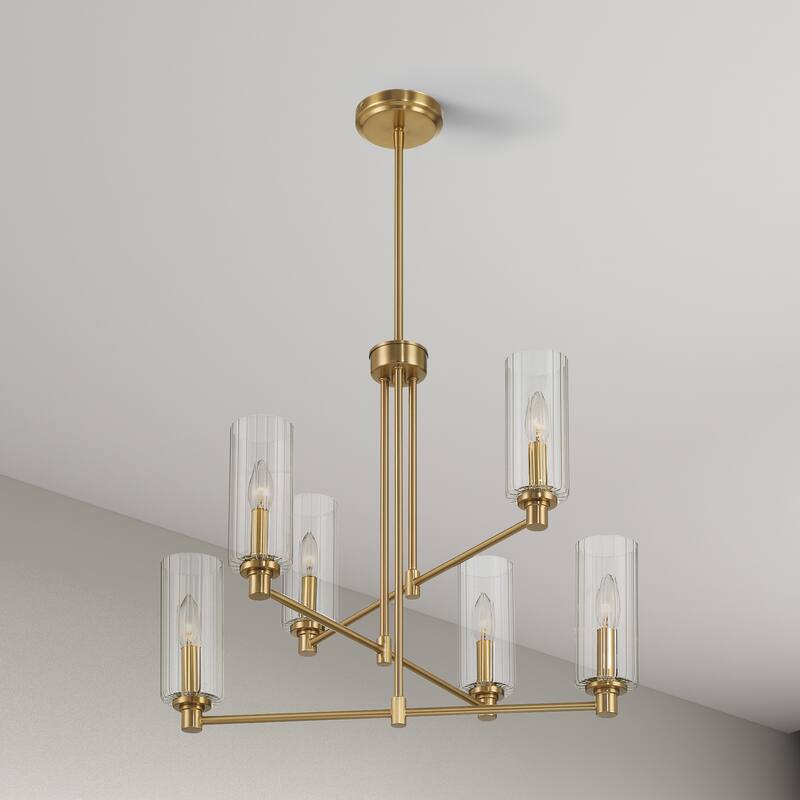 Frag 6-Light Satin Brass Pendant with Ribbed Glass Shades - Clear Ribbed Glass