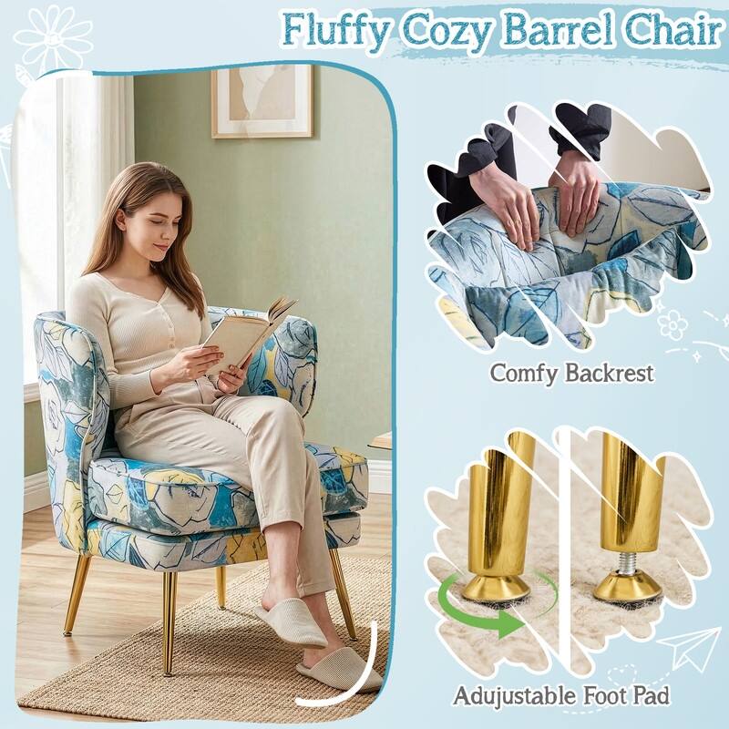 Mid Century Modern Upholstered Reading Chair with Lumbar Pillow, Gold Metal Legs, Small Space Friendly for Living Room Bedroom