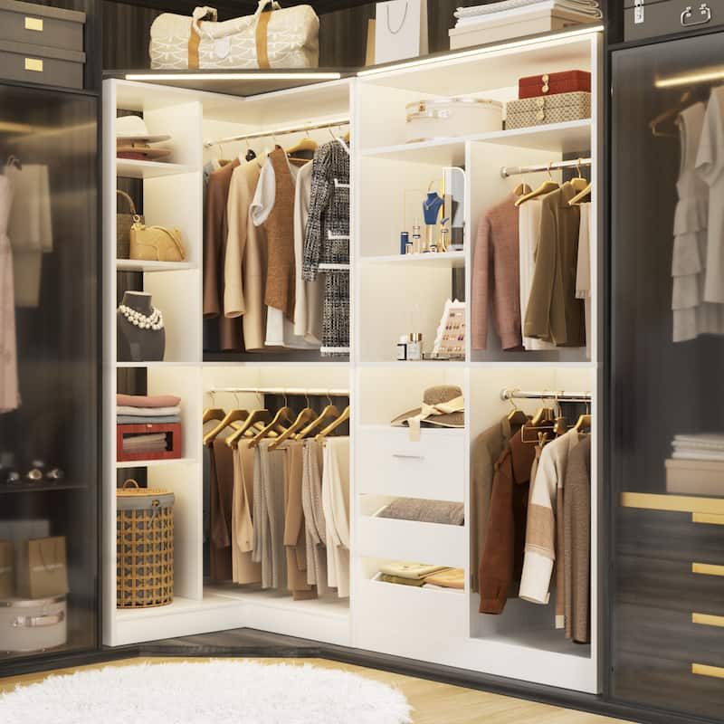 Qvella Set of 2 Corner Closet System with Drawers and Hanging Rods,72 Inches Wide Closet Organizer for Walk-in Closet