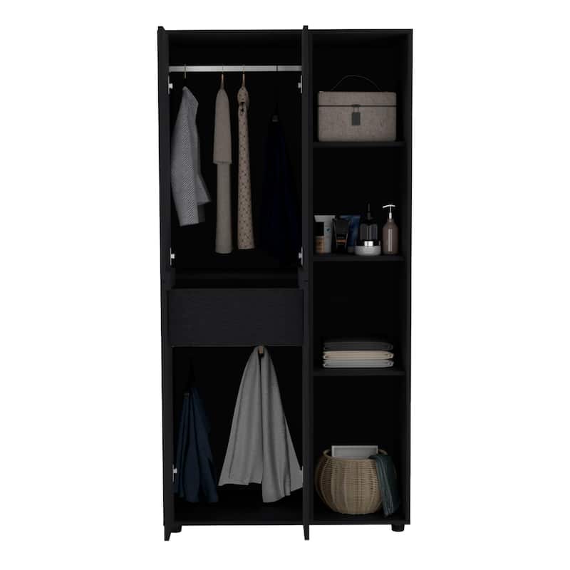 35.4" Modern Double-door Armoire with Hanging Rod, Drawer and Open Shelves for Bedroom