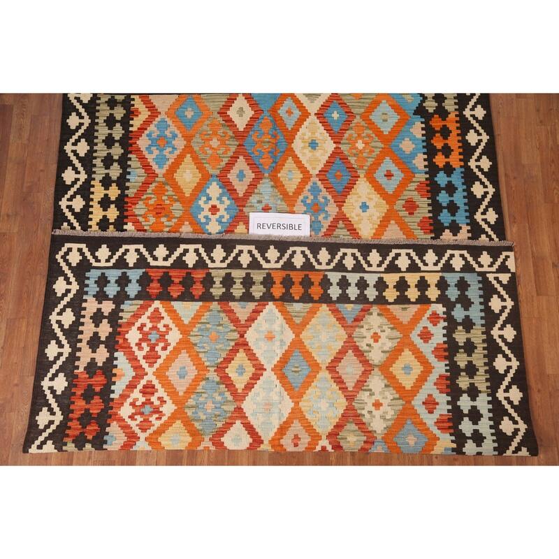 Hand Woven Oriental 100% Wool Carpet Southwestern Geometric Oranges & Rust Kilim Area Rug - 9' 9'' X 6' 8''