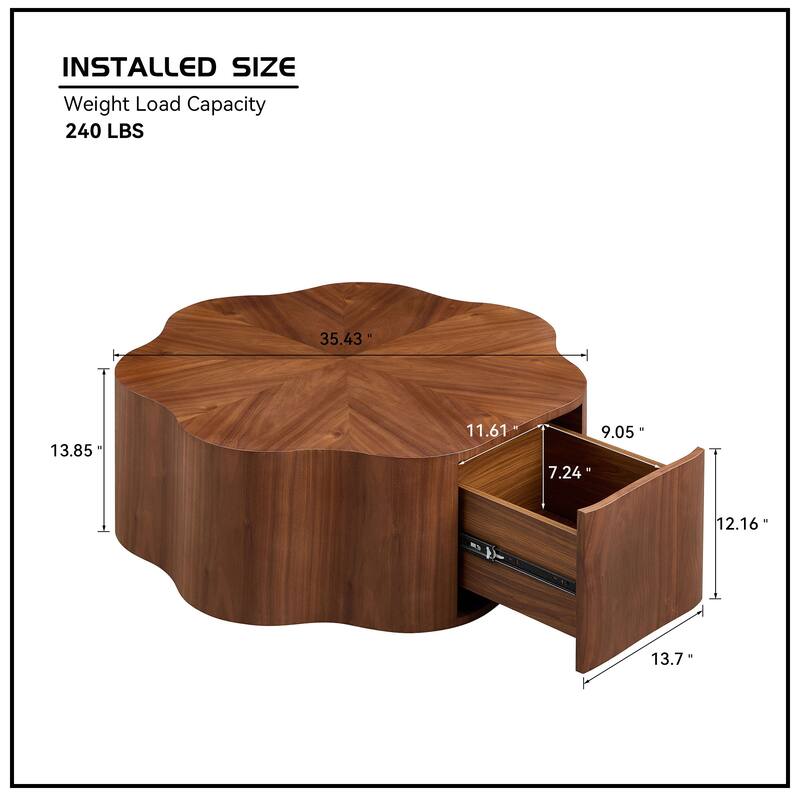 Modern Petal Shaped Coffee Table Stylish Round Coffee Table with Hidden Drawers, for Living Room, Walnut Color