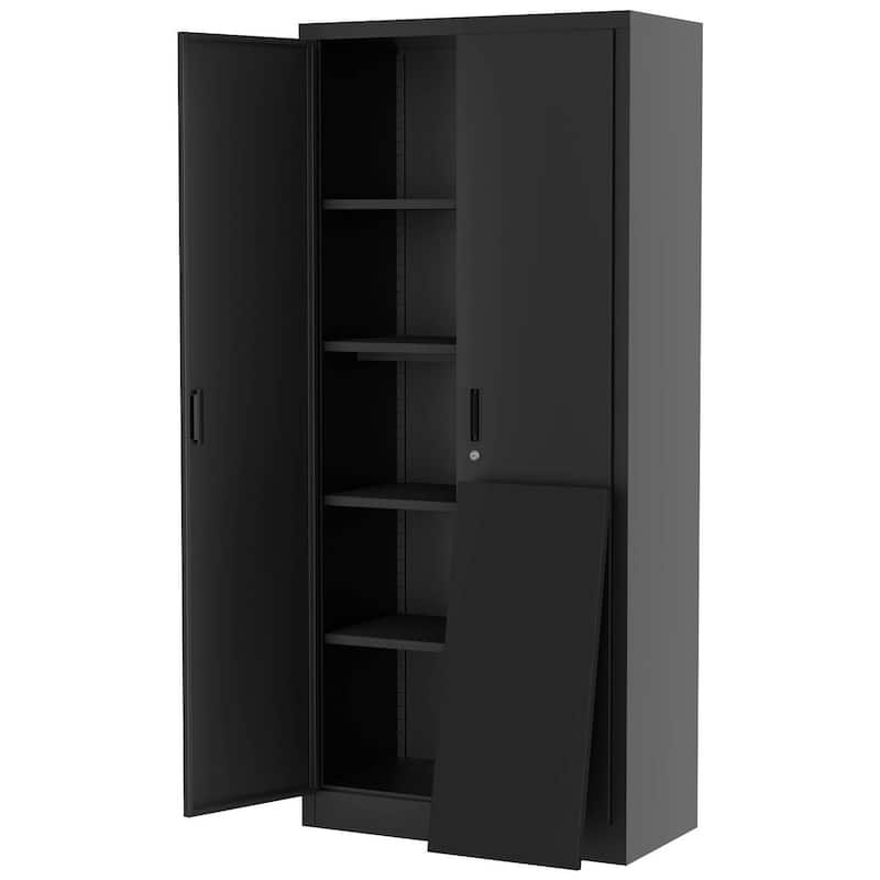 71" Tall Lockable Metal Storage Cabinet for Pantry Garage Office - N/A - Black