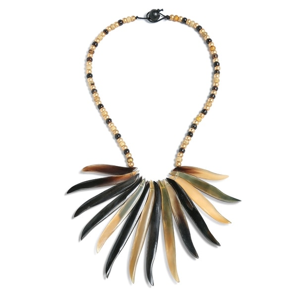 Buffalo horn oversized tribal statement round brown pendant choker necklace