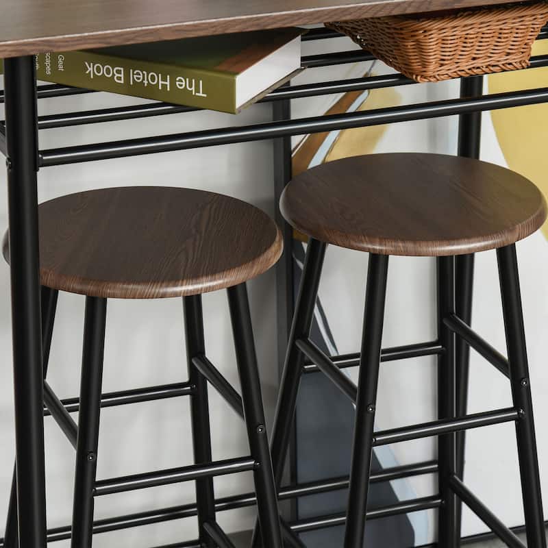 3-Piece Space-Saving Modern Bar Table and Stools Set with 2 Different Height Footrest for Pub