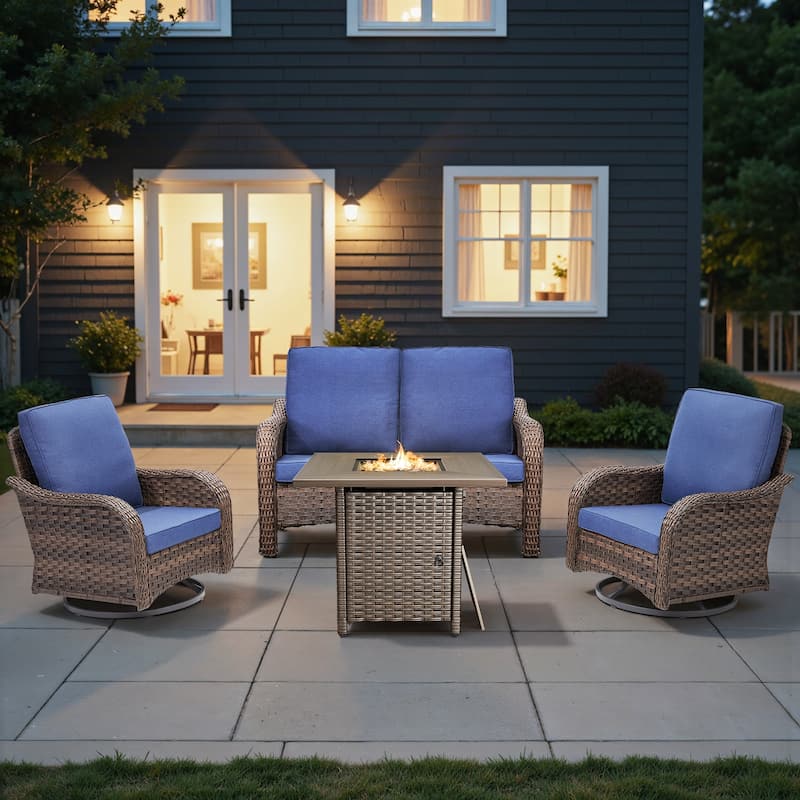 Pocassy Patio Loveseat Swivel Chair with Fire Table Set - Blue Cushion - Brown Wicker - 4-Piece Loveseat Swivel Chair with Fire Table