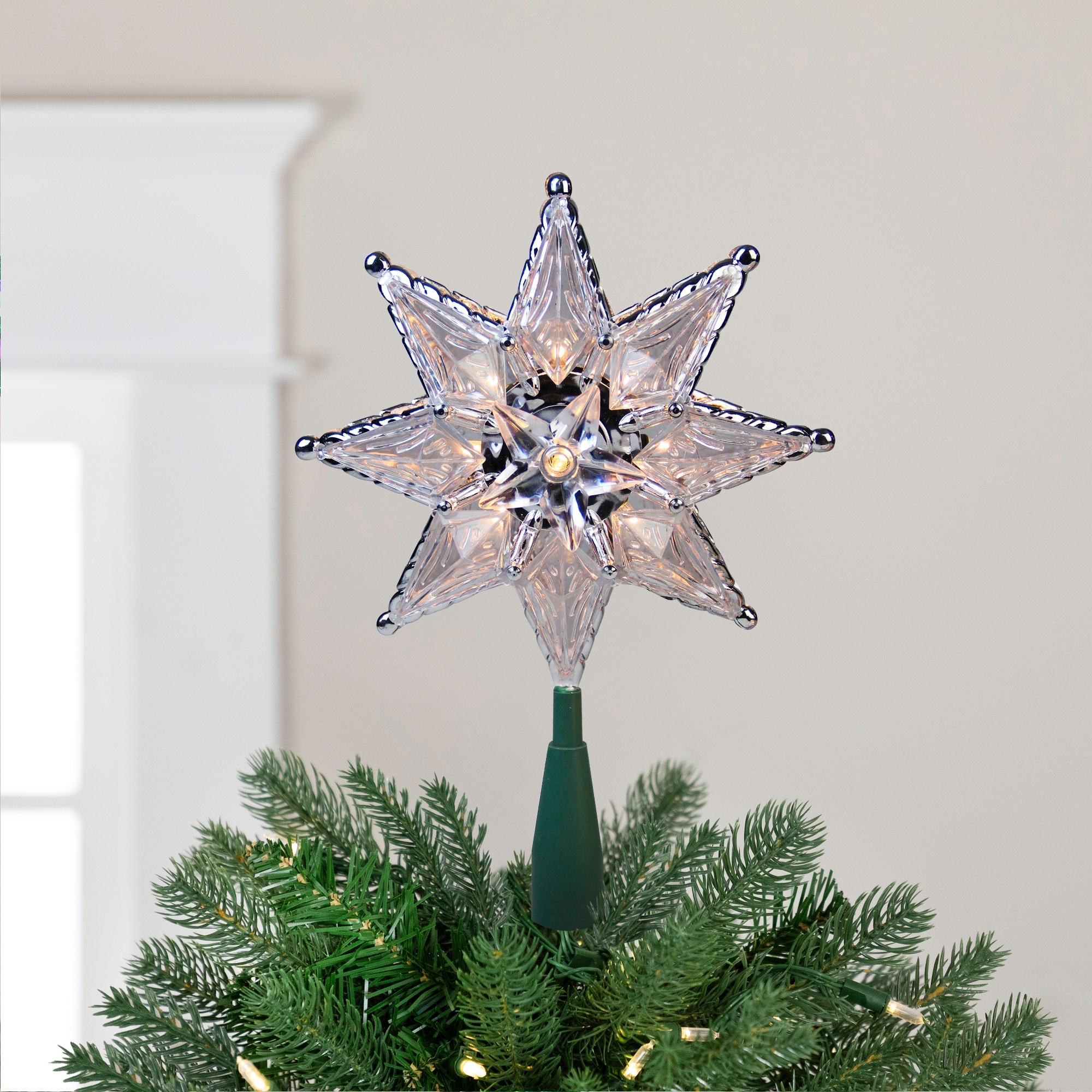 8" Lighted Silver Clear Mosaic Star Christmas Tree Topper Clear Lights