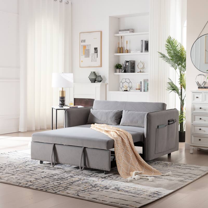 3 in 1 Convertible Sleeper Futon Sofa Bed, 55" Grey Velvet Loveseat with 2 Pillows, Reclining Backrest, Side Pockets - Multi-Color