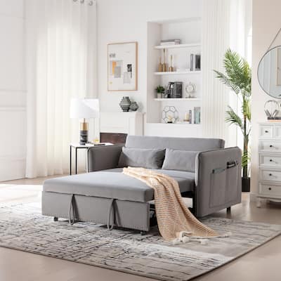 3 in 1 Convertible Sleeper Futon Sofa Bed, 55" Grey Velvet Loveseat with 2 Pillows, Reclining Backrest, Side Pockets