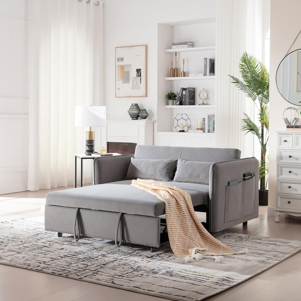 Small Convertible Sofa Bed, 55" Velvet Loveseat Couch with Pull-Out Bed, Pillows, Adjustable Backrest & Side Pockets