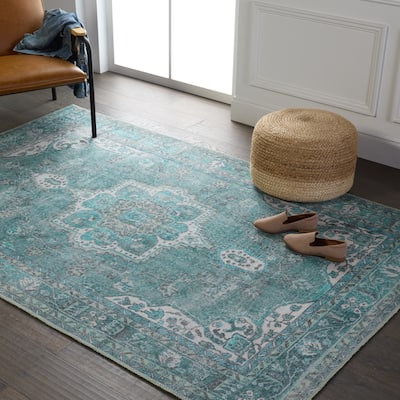 Machine Washable Kate Lester + Jaipur Living Tamara Medallion Teal and Green Area Rug