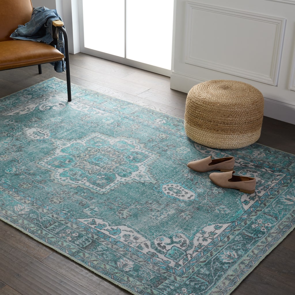 Machine Washable Kate Lester + Jaipur Living Tamara Medallion Teal and Green Area Rug