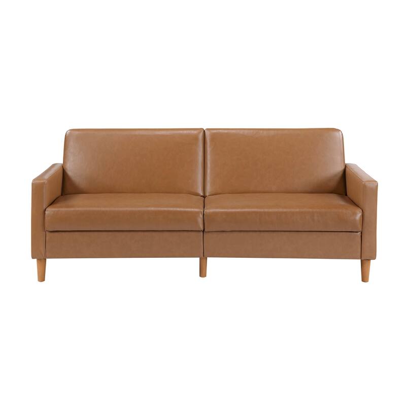 Camel Faux Leather Convertible Futon Sofa with Plywood Frame