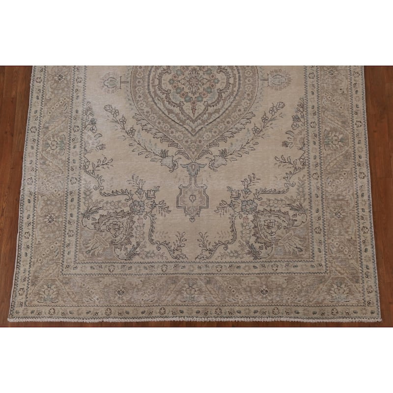 Distressed Tabriz Persian Vintage Area Rug Handmade Beige Wool Carpet - 6'7" x 9'4"