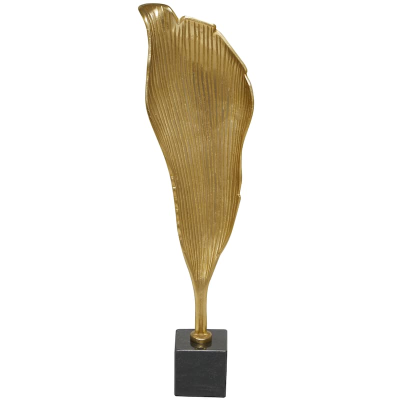Gold Aluminum Metal Textured Leaf Abstract Sculpture with Black Marble Base