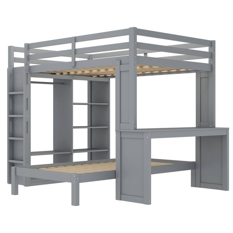 Convertible Solid Wood Loft Bed with Desk, Wardrobe, and Shelves, Grey