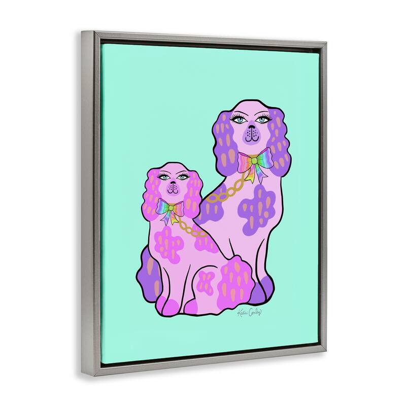Stupell Funky Glam Dogs on Turquoise Framed Floater Canvas Wall Art Design By Katie Conley