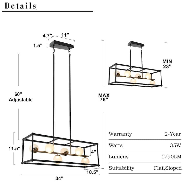 Modern LED Black Gold Chandelier 6-Light Rectangle Island Lights for Dining Room - 34" L