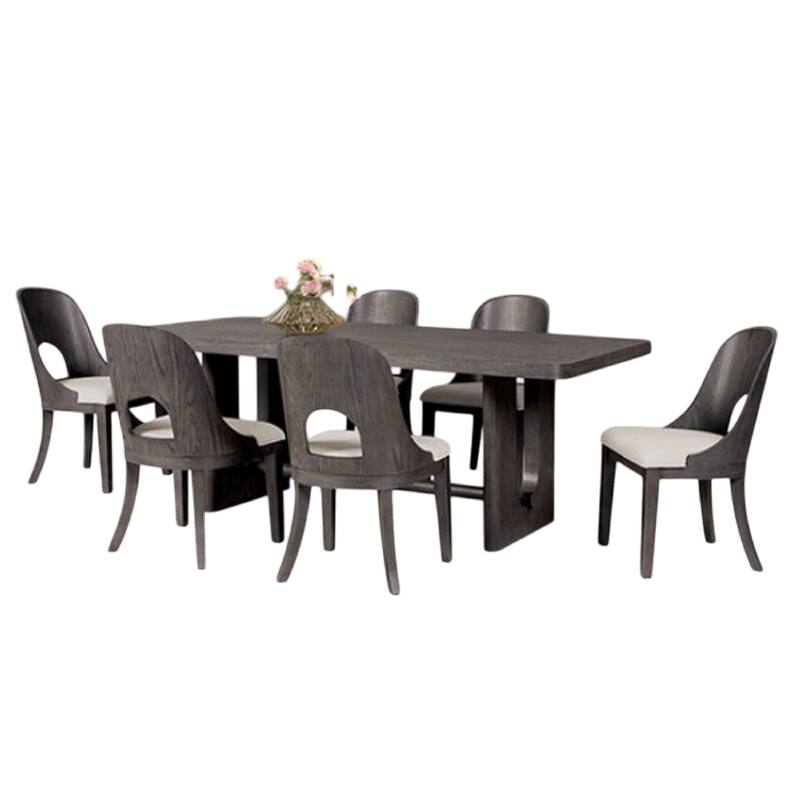 Zoko 7pc Dining Table Set, White Polyester Chairs, Ash Gray Rubberwood