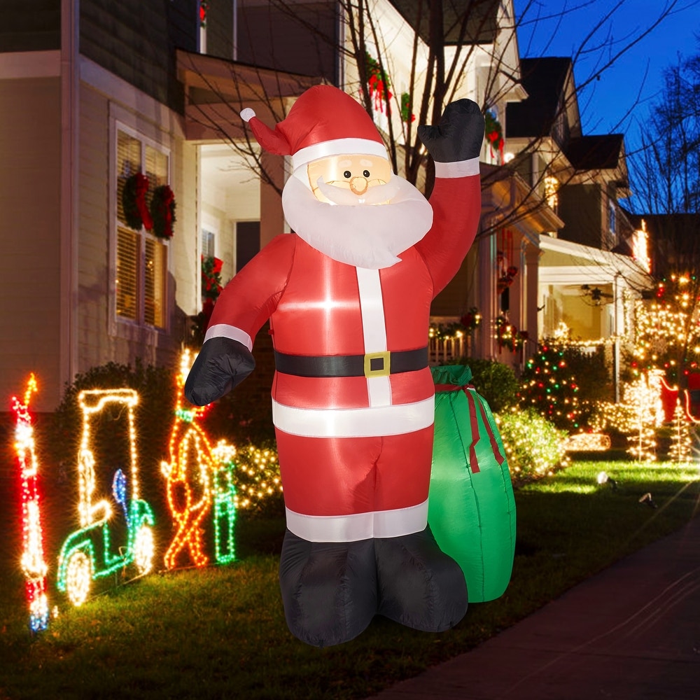 Renoble 5ft Christmas Inflatable Santa Claus With LED Light Air Blow Up Decoration Statue Waving Hand And Holding Gift Box Waterproof Landscape Lights For Outdoor Indoor Use Yard Lawn Garden 