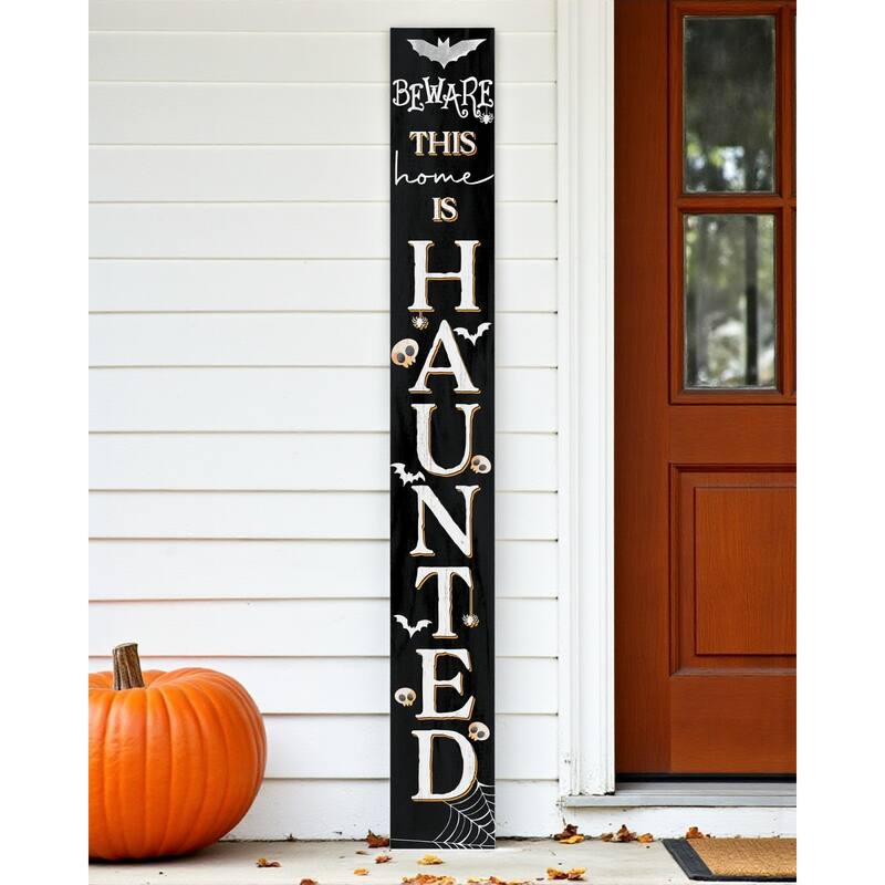 HomeRoots 72" Black And White Solid Wood Beware Halloween Ghost Porch Sign - White/Black - Wood