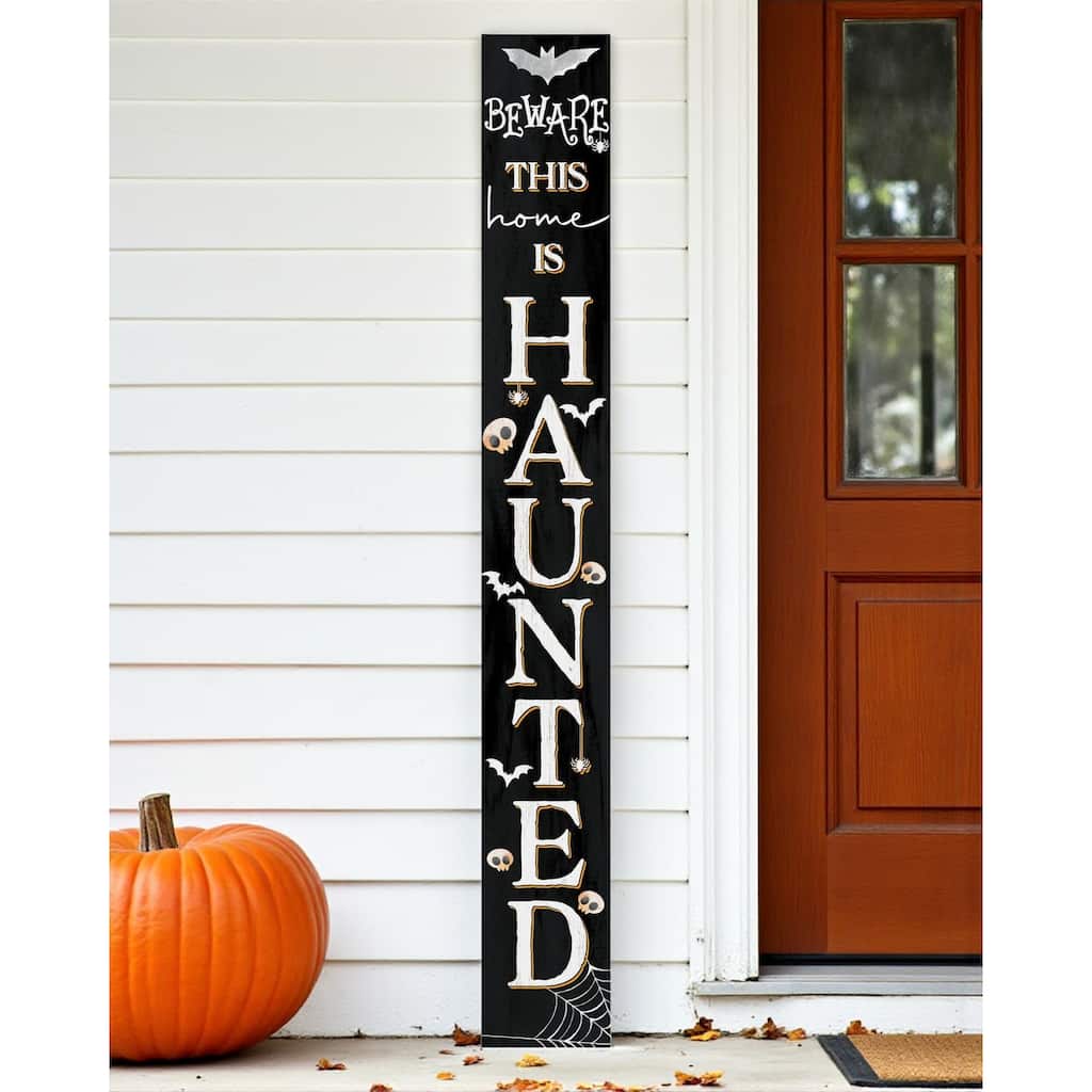 HomeRoots 72" Black And White Solid Wood Beware Halloween Ghost Porch Sign