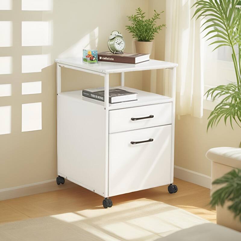 JJS Mobile Wood File Cabinet Open Shelf Filing Storage & Printer Stand for Letter-Size Hanging Files, Home Office Organizer - White