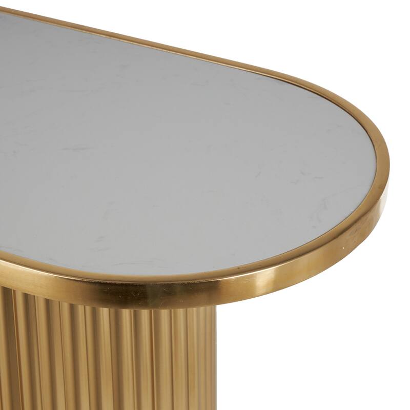 Gold Metal Oval Living Room Console Table with White Marble Tabletop and Ribbed Legs