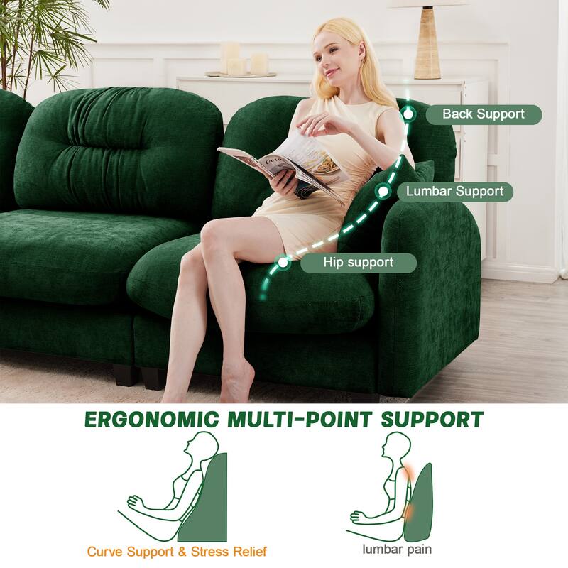 2 Seat Chenille Sofa Round Arms Sectional Sofa, Modern 74" Tufted Back Couch with Ottoman for Lving Room, Small Space