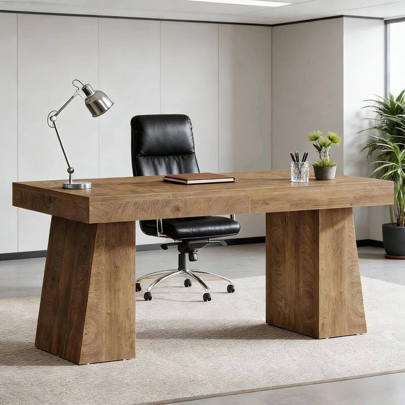 55" Mid-Century Modern Executive Desk with Trapezoid Base for Home Office