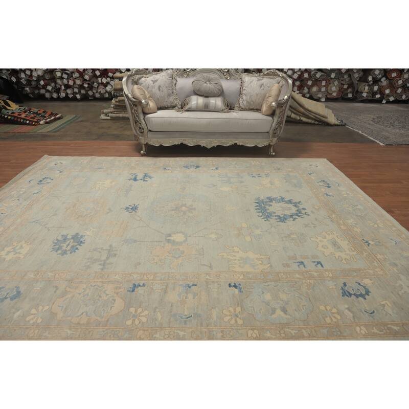 Vegetable Dye Wool Oushak Turkish Area Rug, Floral Geometric Carpet - 11' 8'' X 9' 2''