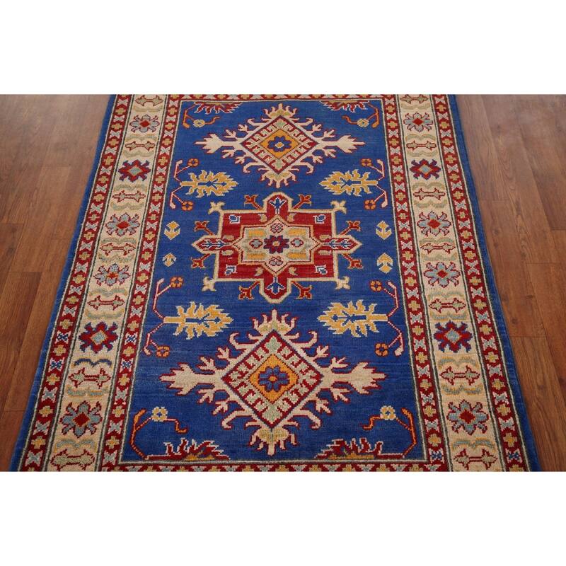Blue Geometric Kazak Accent Rug Hand-Knotted Oriental Wool Carpet - 3'5" x 4'11"