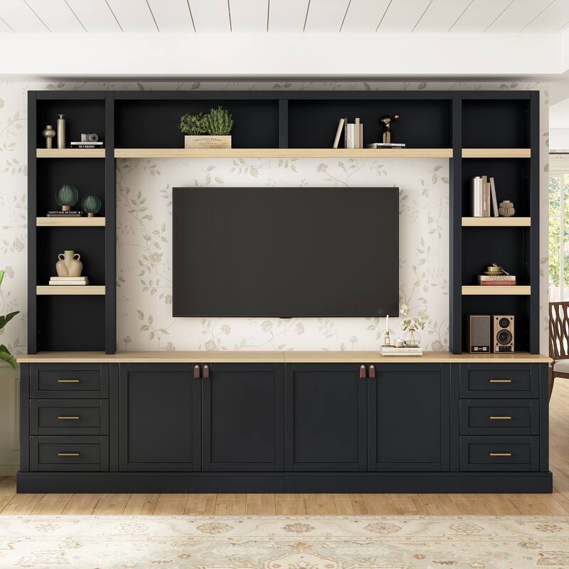 102.3"W Farmhouse 4-Piece Entertainment Center Wall Unit with Adjustable Shelf, TV Stand with Bookshelves for TVs Up to 75"