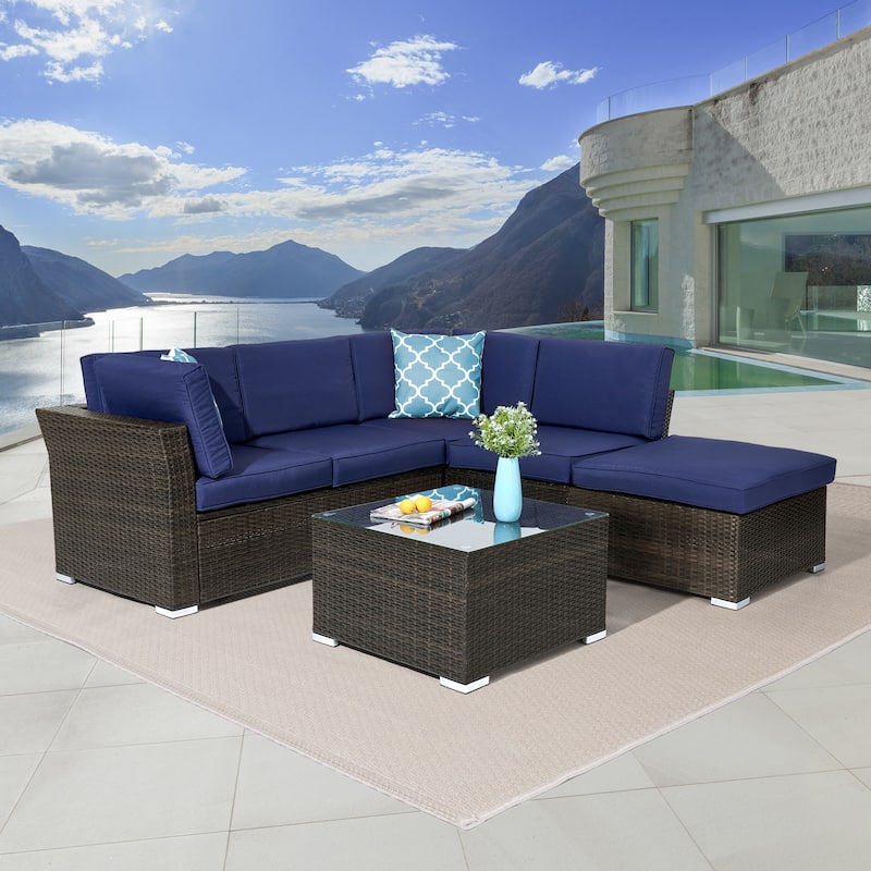 LIVOOSUN 4Pcs Rattan Wicker Conversation Patio Furniture Sets,w/Table - Navy Blue