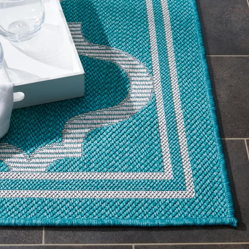 SAFAVIEH Bermuda Washable Edelt Indoor/ Outdoor Waterproof Rug - 6'7" Square - Aqua/Grey