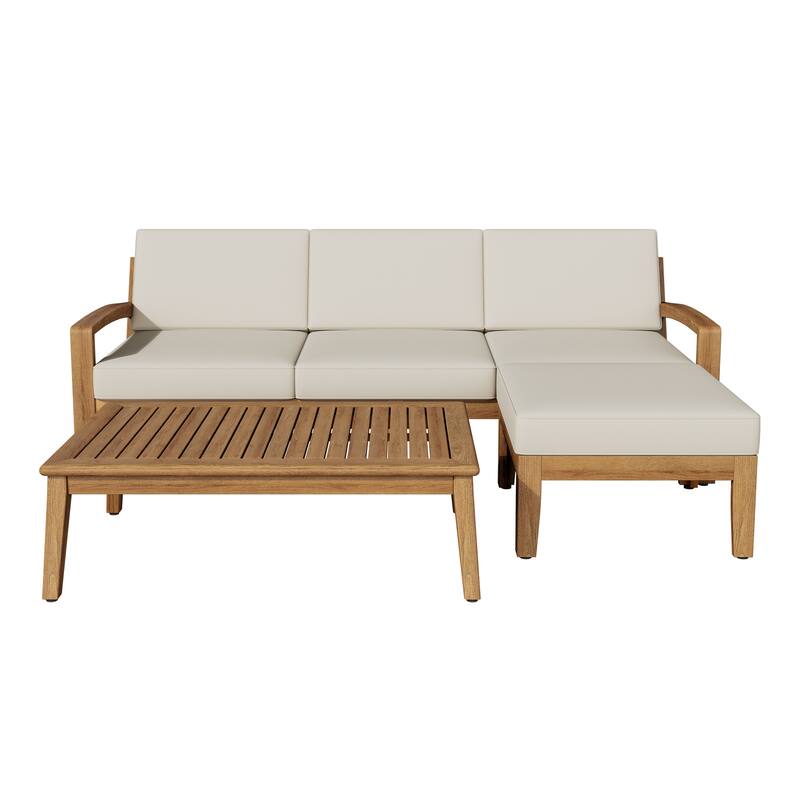 78" Outdoor Patio L-Shaped Acacia Wood Sectional Sofa Set with Coffee Table and Ottoman