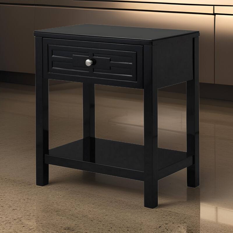 Black/Silver 1 Drawer 14.5 in. W Nightstand with Sturdy Glass Top